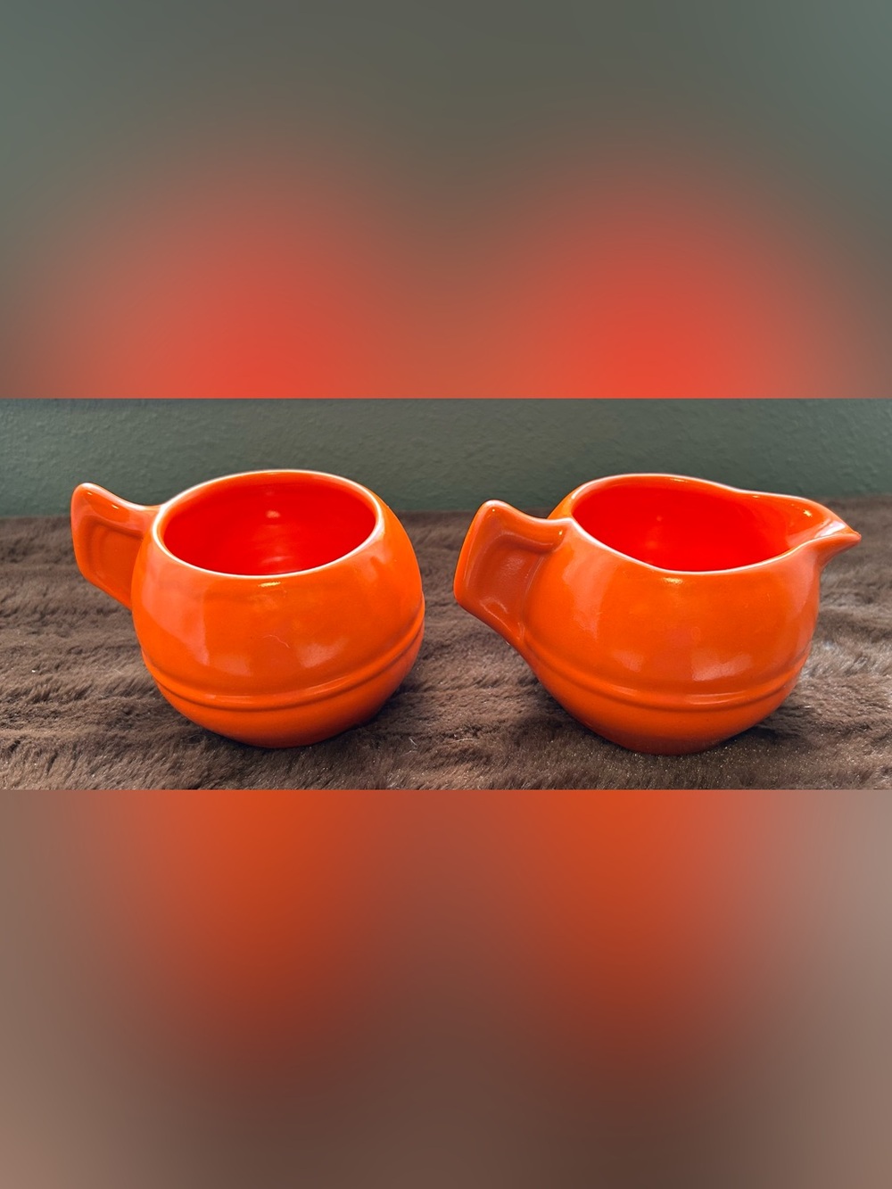 Metlox California Pottery Atomic Orange Creamer & Sugar White King Soap Premium